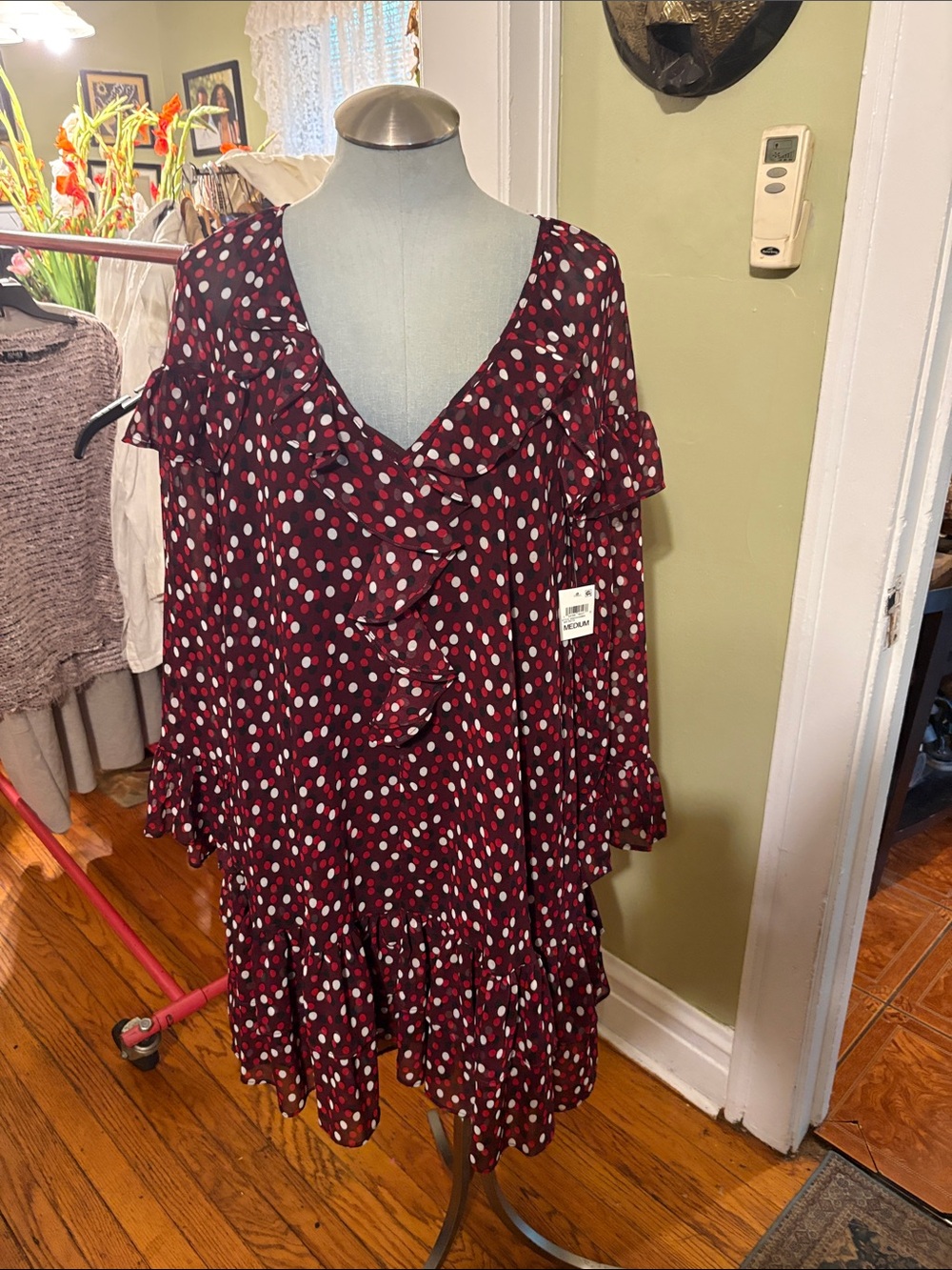 INC International Concepts Burgundy Polka Dot Ruffle Dress